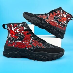 Dragon Pattern High Top Sneakers for Men - Non-Slip, Soft Sole Shoes 6.5 / Black